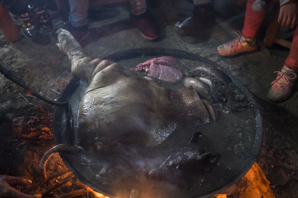 鱿鱼在锅里过一遍开水,将猪肉洗净(不见血).笔画图片简血水图片