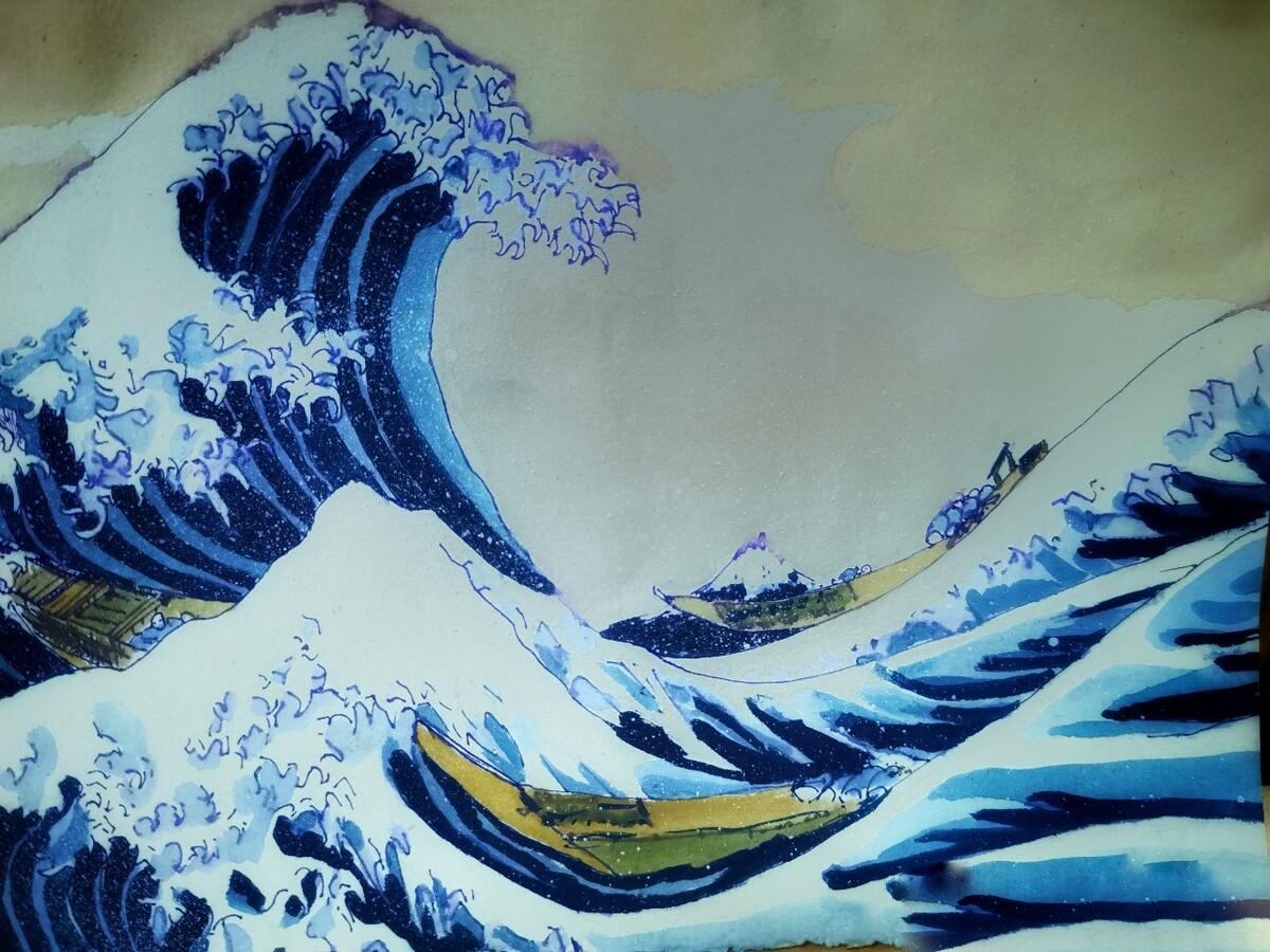 小女画作《神奈川冲浪里,这是日本江户时代浮世绘作品.