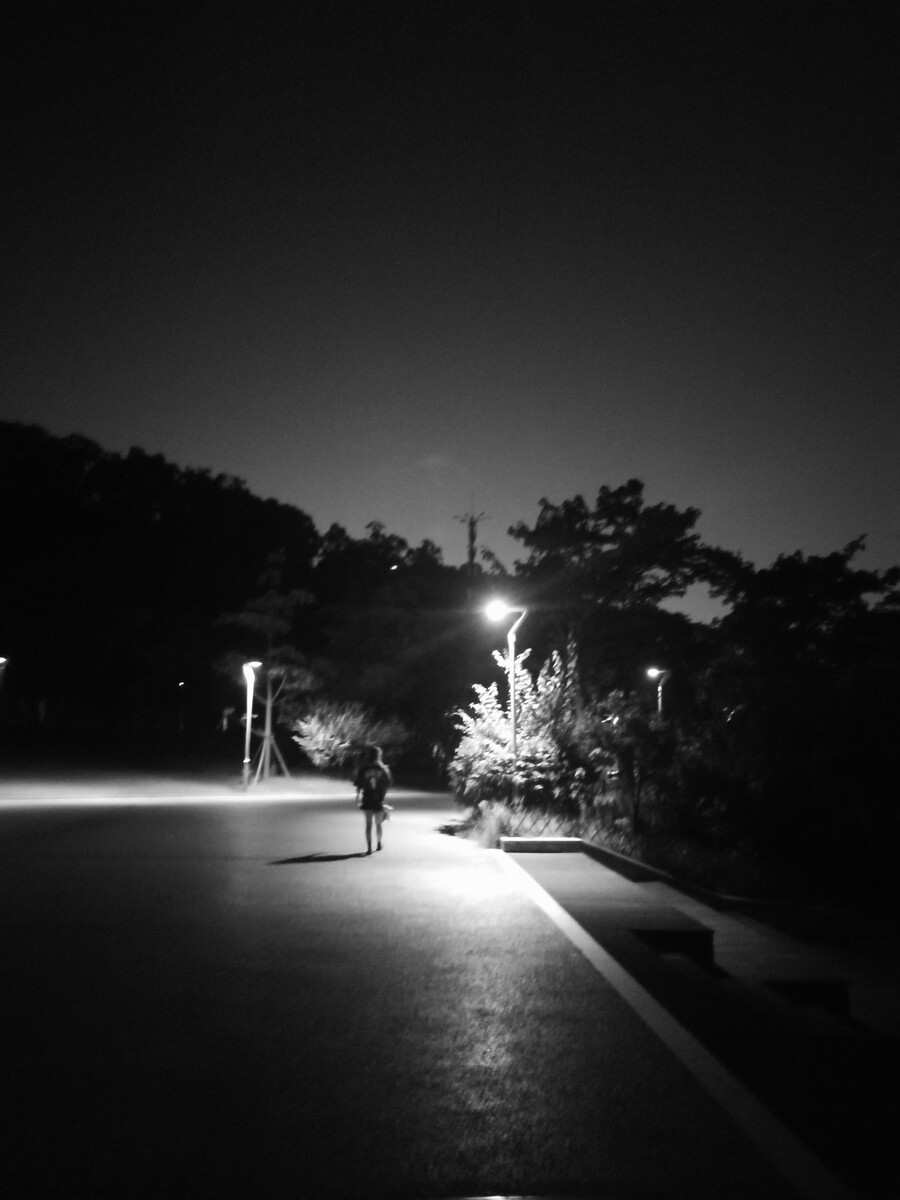 黑白夜色,孤单行走的女子.