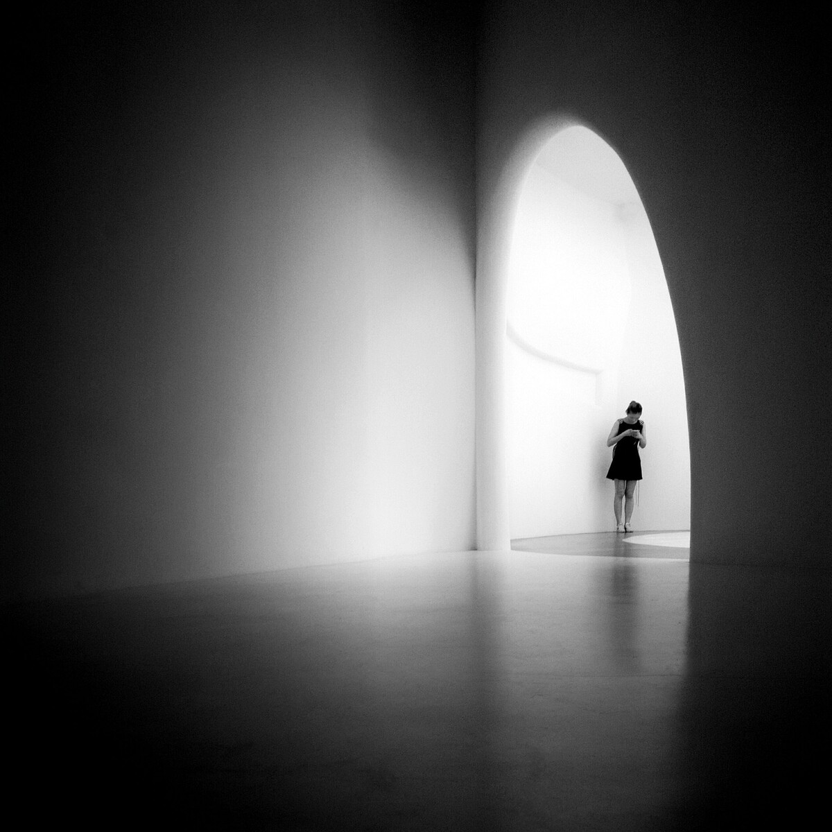 心室。一个女人站在她的左心房，不忍直视右心房的幽暗。 2016.8 北京山水美术馆的椭圆形拱门。