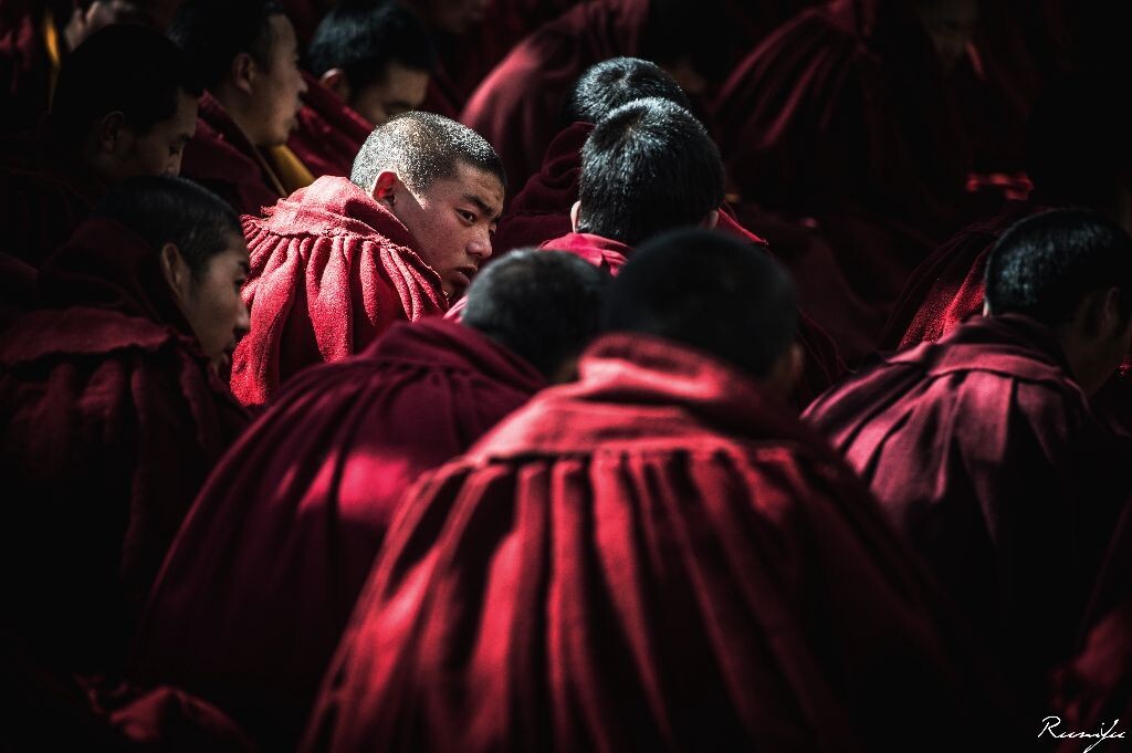 回望<br />
当色拉寺辩经结束后，喇嘛们开始集合起来诵经，刚好有阳光洒到了这个小喇嘛的身上<br />
4月西藏