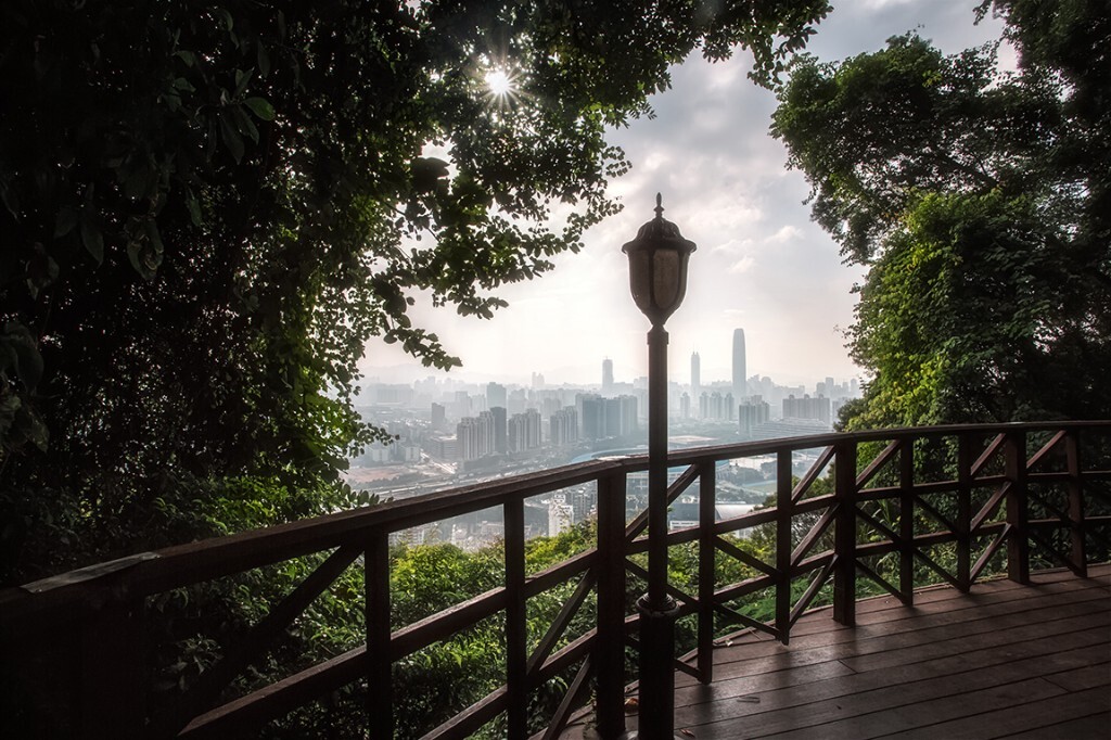 深圳笔架山早晨，原想拍一个精彩的日出。结果和雾霾天撞了个满怀。透过树丛，远处城市虚无缥缈，亦真亦幻。倒也别具韵味。<br />
- 拍摄地点：广东深圳<br />
- 拍摄时间： 2016-10-10<br />
- 拍摄时国家公布的空气质量数值：50<br />
- 使用的器材 5D3