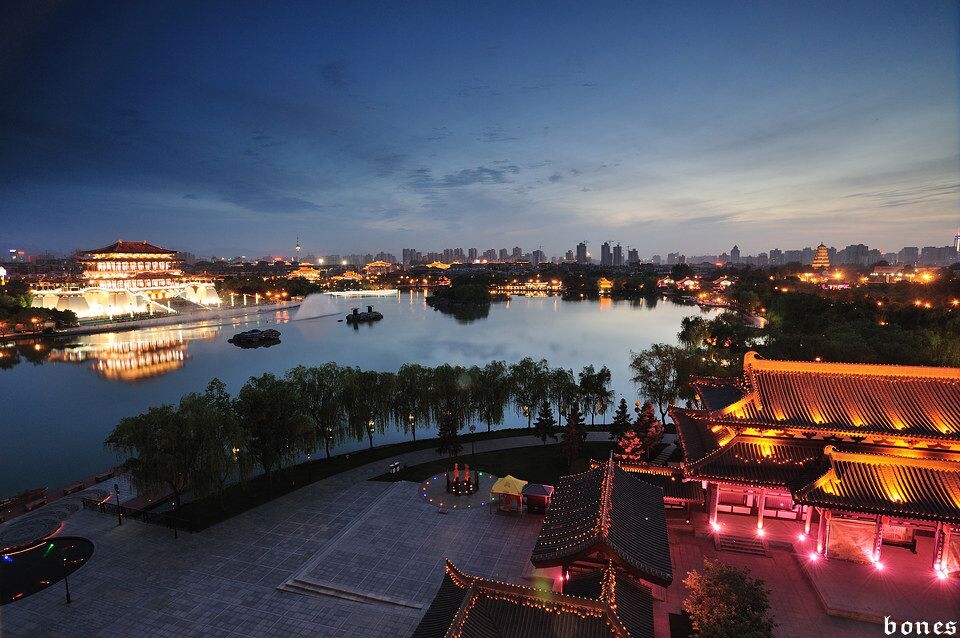 紫云楼与仕女馆<br />
夜景下的大唐芙蓉园，远处大雁塔也闪耀在灯光下。<br />
Singh-Ray 3-stop Hard GND Filter