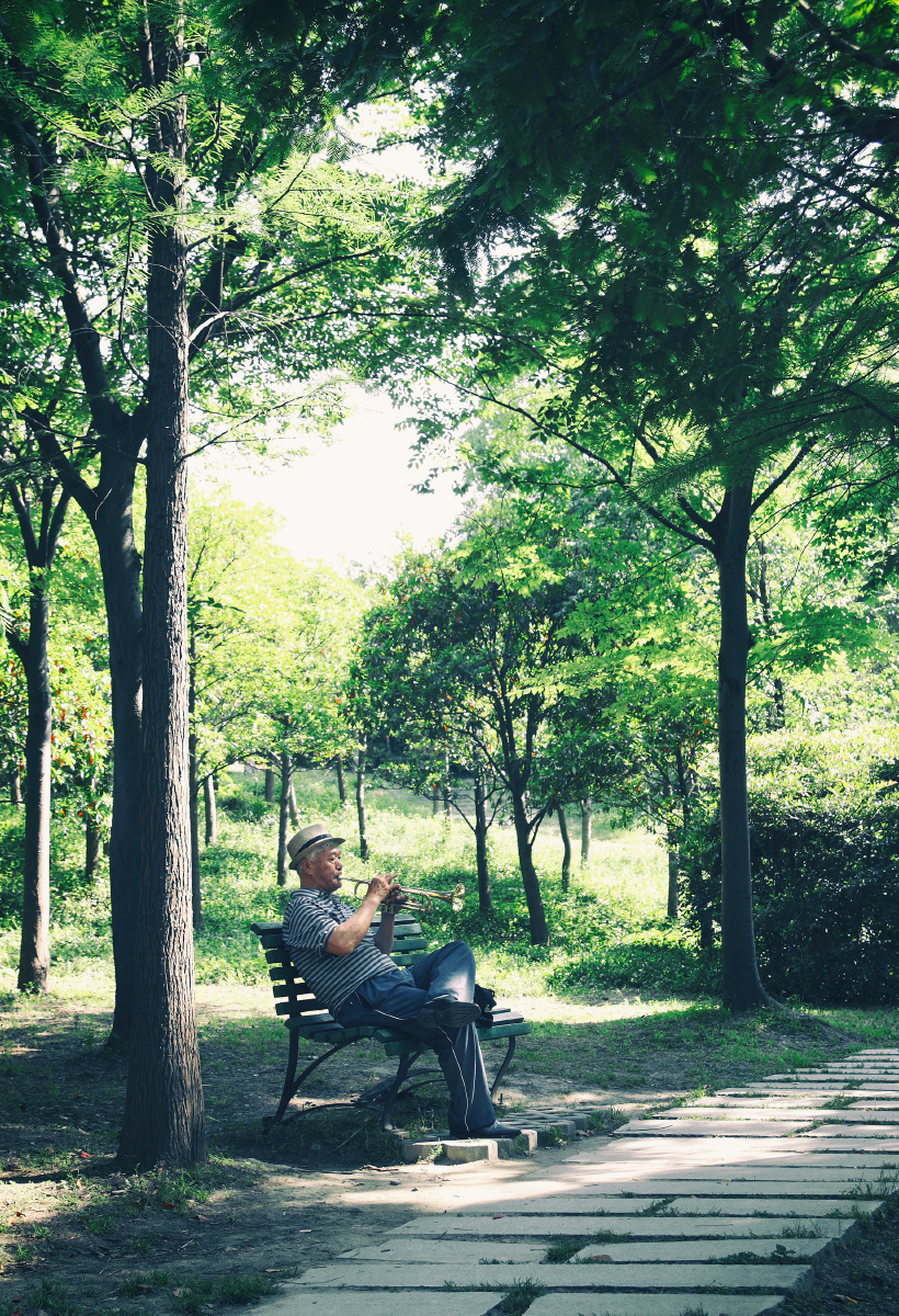 公园中吹小号的老人