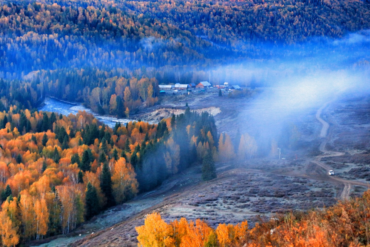 金秋禾木晨雾色彩斑斓的季节