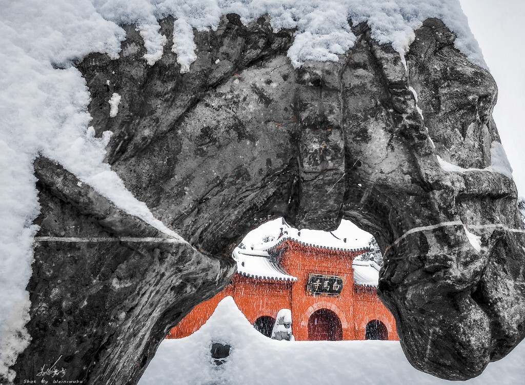 一、历史古迹篇:<br />
东汉~共和国·白马寺<br />
(中国第一座官办寺庙,始建于东汉,历经魏晋隋唐宋元明清等朝代的不断毁坏建造,形成了今天这座蕴含了各代风貌的白马寺。寺内现存最早的古建筑是东汉的清凉台,此外还有宋代的石刻白马,金代的齐云塔,元代的罗汉像,明清的各类佛殿,以及今天各国来援建的异国佛殿)这是三年一遇的一场大雪。没拍过雪中的白马寺是我一直以来的遗憾,下雪时就决定,这次要把好机会留给白马寺,踏上小心翼翼公交车,在冰雪中摇晃了两个小时才来到这座古刹。当我来到寺庙门前时,石马的积雪马上吸引了我,不过最大的收获,还是发现了这个奇特的新角度。<br />
拍摄器材:P9plus