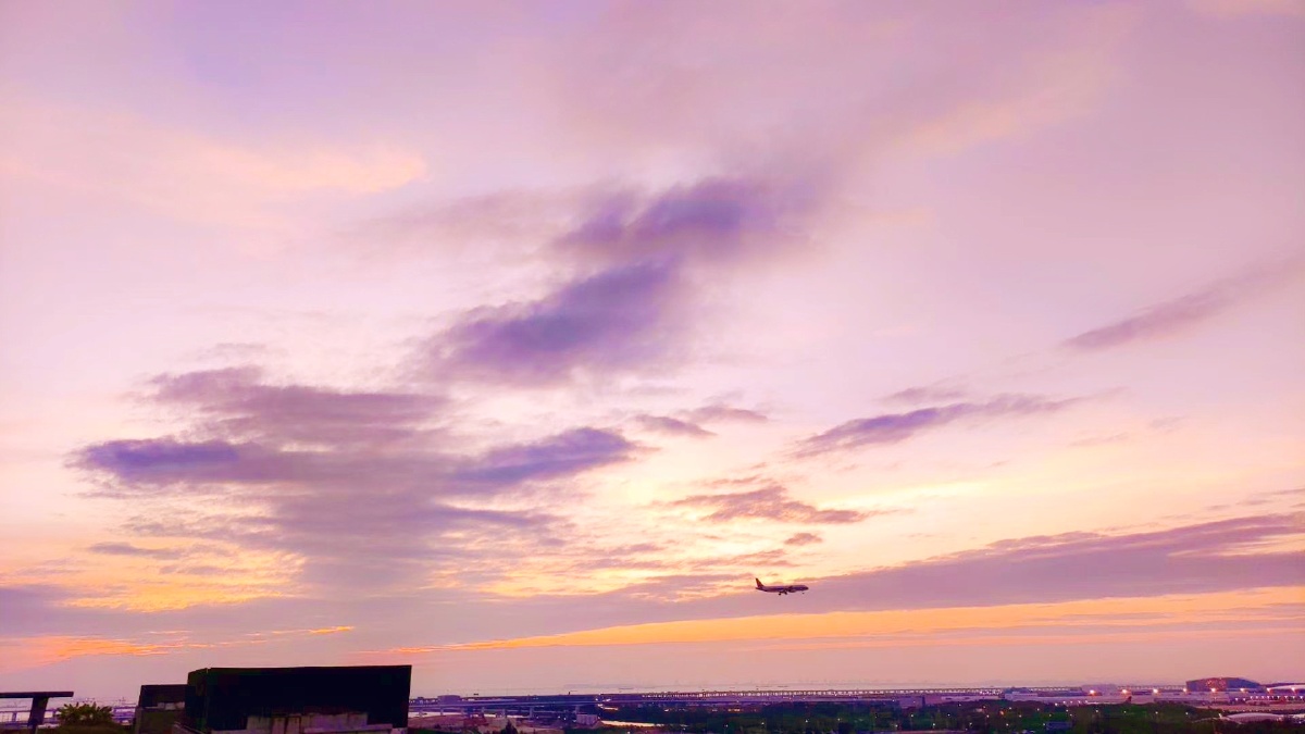 当我们在黄昏时平视远方看到一抹粉红色的夕阳一望无际的晚霞披上了