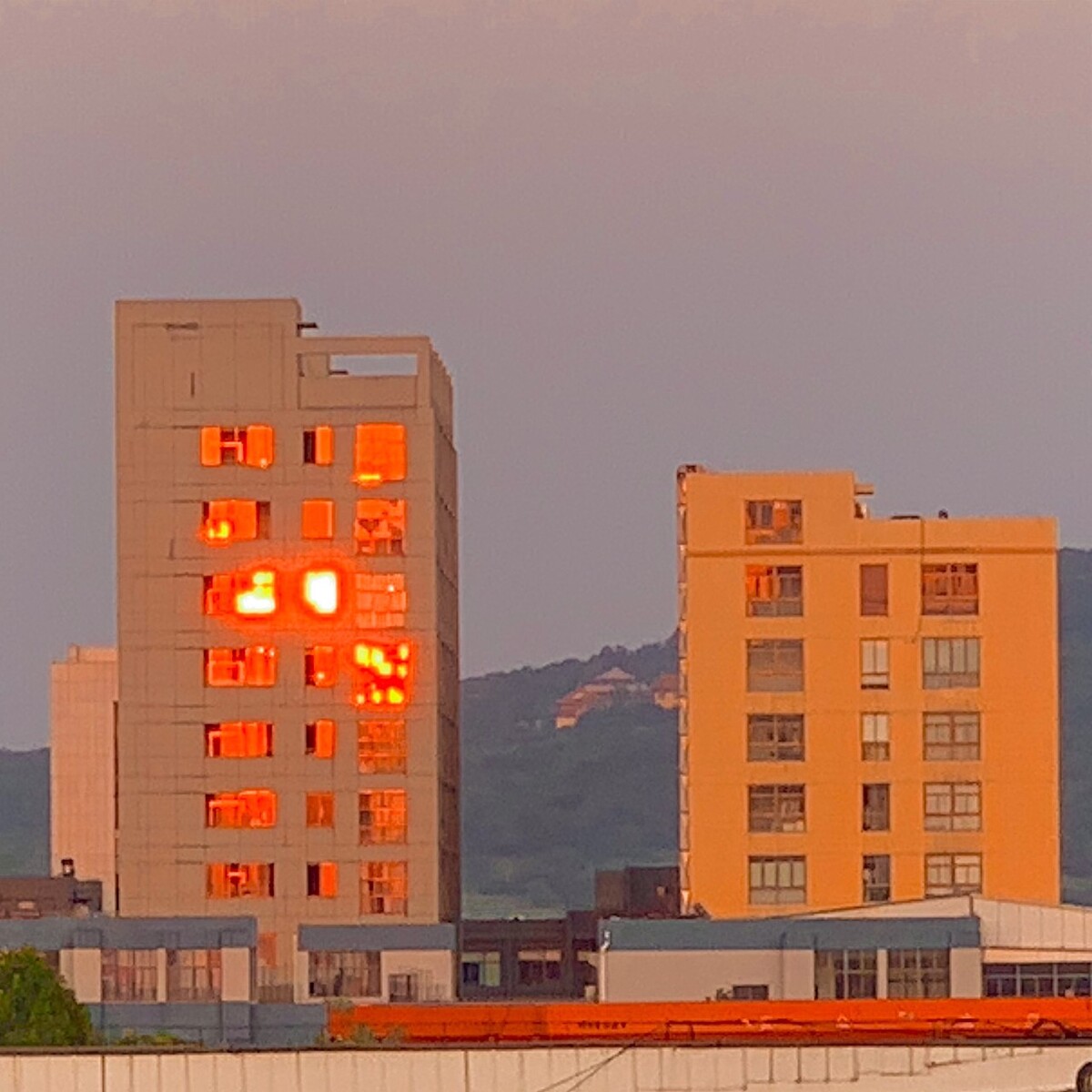 偶然间看到夕阳余晖印在建筑楼的玻璃窗上了