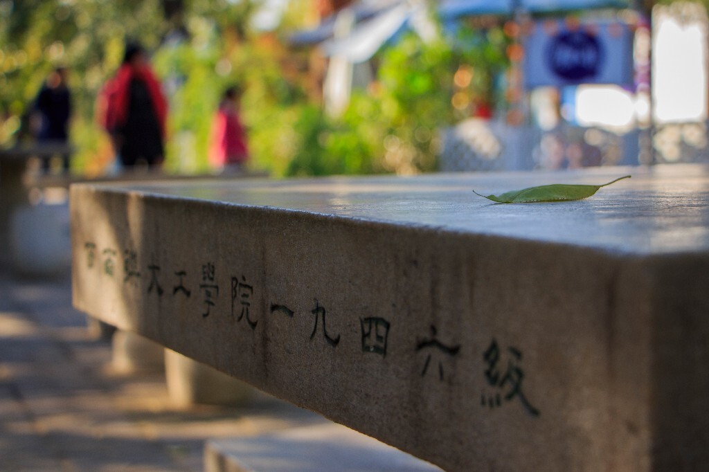 石桌秋忆,摄于荒岛咖啡厅前。大光圈浅景深,聚焦在石桌上的那片落叶上,阳光穿过画面外的树丛,投射在石桌左边和背景。石桌上的铭文让人回想起西南联大的历史记忆,灰色硬冷的石桌和背景焦外明亮多彩的咖啡厅形成对比,让人不禁唏嘘。