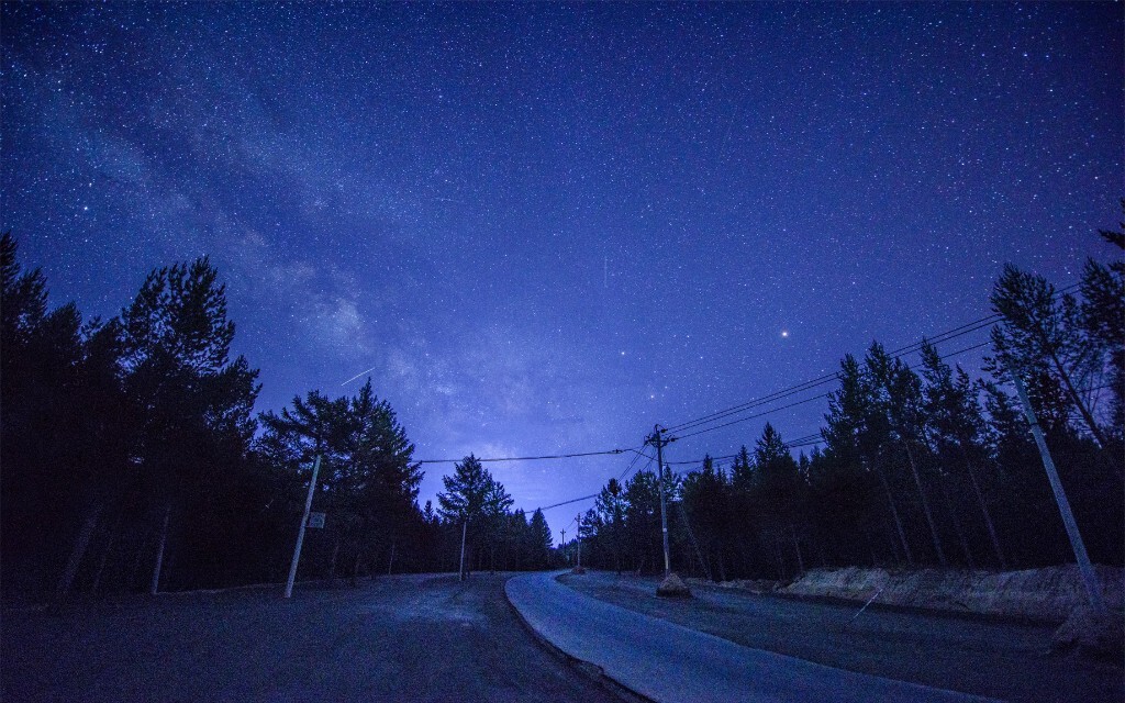 景区公路的银河。路的两旁是人造林
