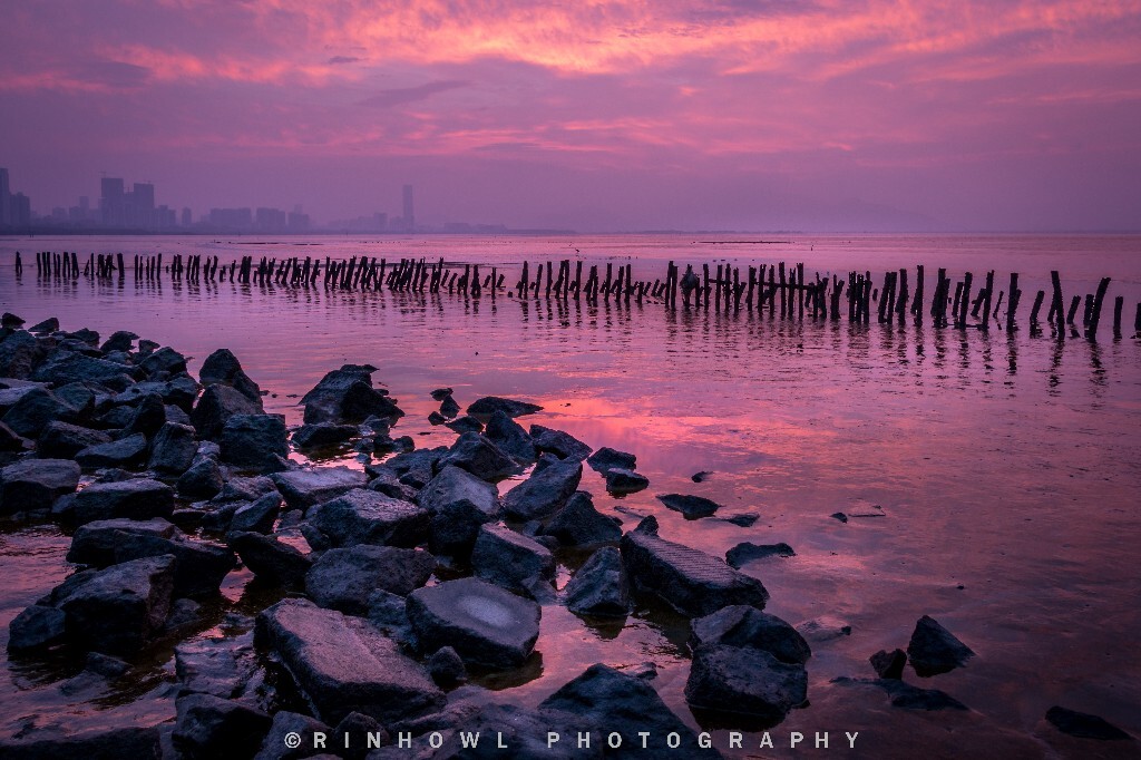 【拍摄参数】ISO 100  18mm  0.8s  f/14   拍摄于2016/1/10  6:59:50<br />
    <br />
当时拍摄这张照片的时候是走到了照片中的那些石块上面，有些石块很滑，在加上不敢踏在泥上面，所以就在这里架好了三脚架。用这些凌乱的石块作为前景，前面的木桩作为中景，远方若隐若现的高楼作为远景，天空有几片云红的发紫，染红了整片天空。<br />
      因为在很短的时间内拍到了这张，最重要的是在阴天居然会看到这别样的日出，所以我很喜欢这张照片，整个旅行，拍到的好照片中，它占了一张