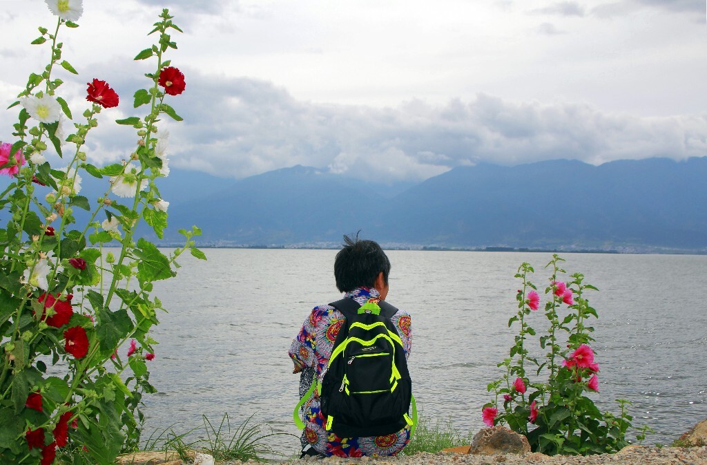 2016年6月24日，云南省大理市洱海，游人坐在岸边，面朝洱海、陌上花开；远眺苍山、近观洱海、细听涛声。   