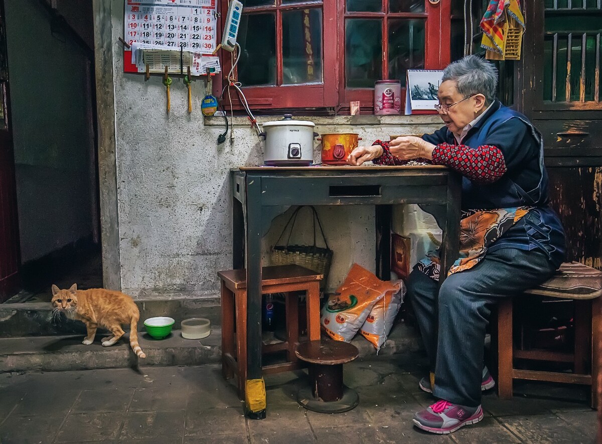 2016年4月3日，上海，弄堂阿婆和她的猫在石库门的灶台间享受午后时光。