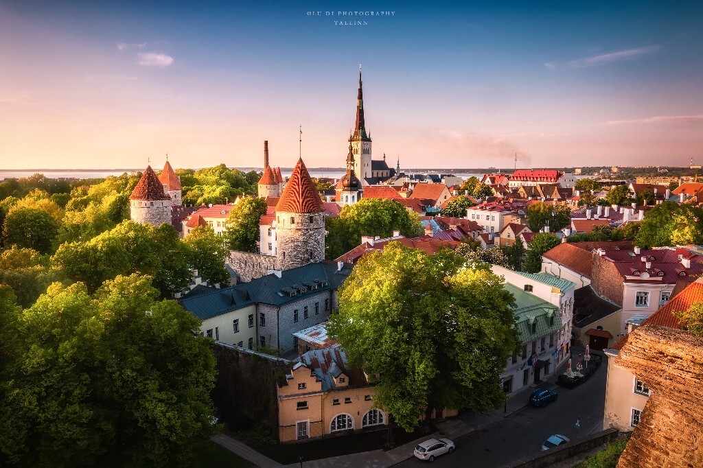 《童话世界》<br />
爱沙尼亚首都塔林的老城，日落时金色阳光洒在城堡和树木顶部，犹如童话世界，美不胜收。<br />
