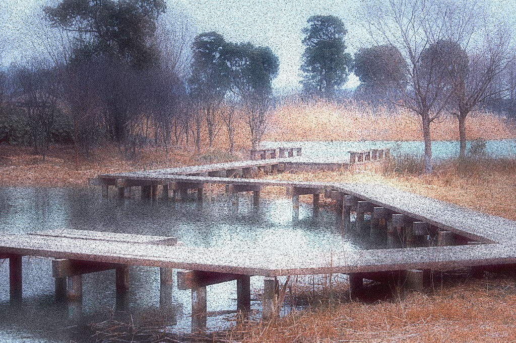 油画风格风景作品，放大为油画刮刀画样式。