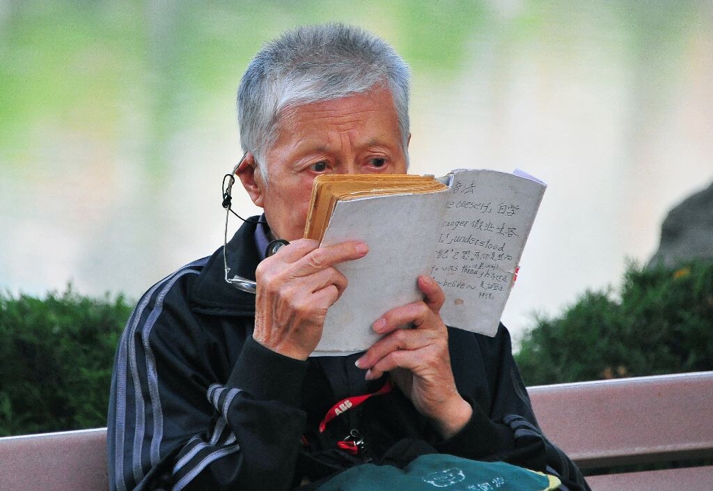 公园里的一条长椅上,一位老者正全神贯注的看着可能是他看了许多年的一本工具书，面对公园内孩子的嘻闹、老人的广场舞…等,老者没有一絲分心,吃力的眼睛正借用老花镜和放大镜在书中寻觅着新的知识,令人敬佩、使人感动。