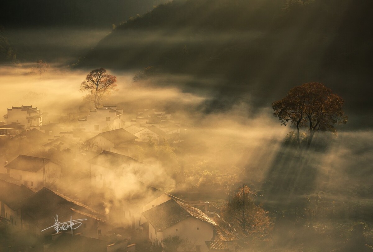 当深秋第一缕温暖的阳光照在800年的老红枫树上,石城这个婺源的小山村便从浓雾中苏醒过来,迎接崭新的一天。村民陆续忙碌起来,炊烟升起来了,整个村庄如梦似幻