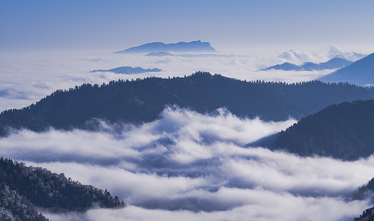 远处漂浮在云海之中的就是有名的峨眉山,与在峨眉山市看到的大不一样