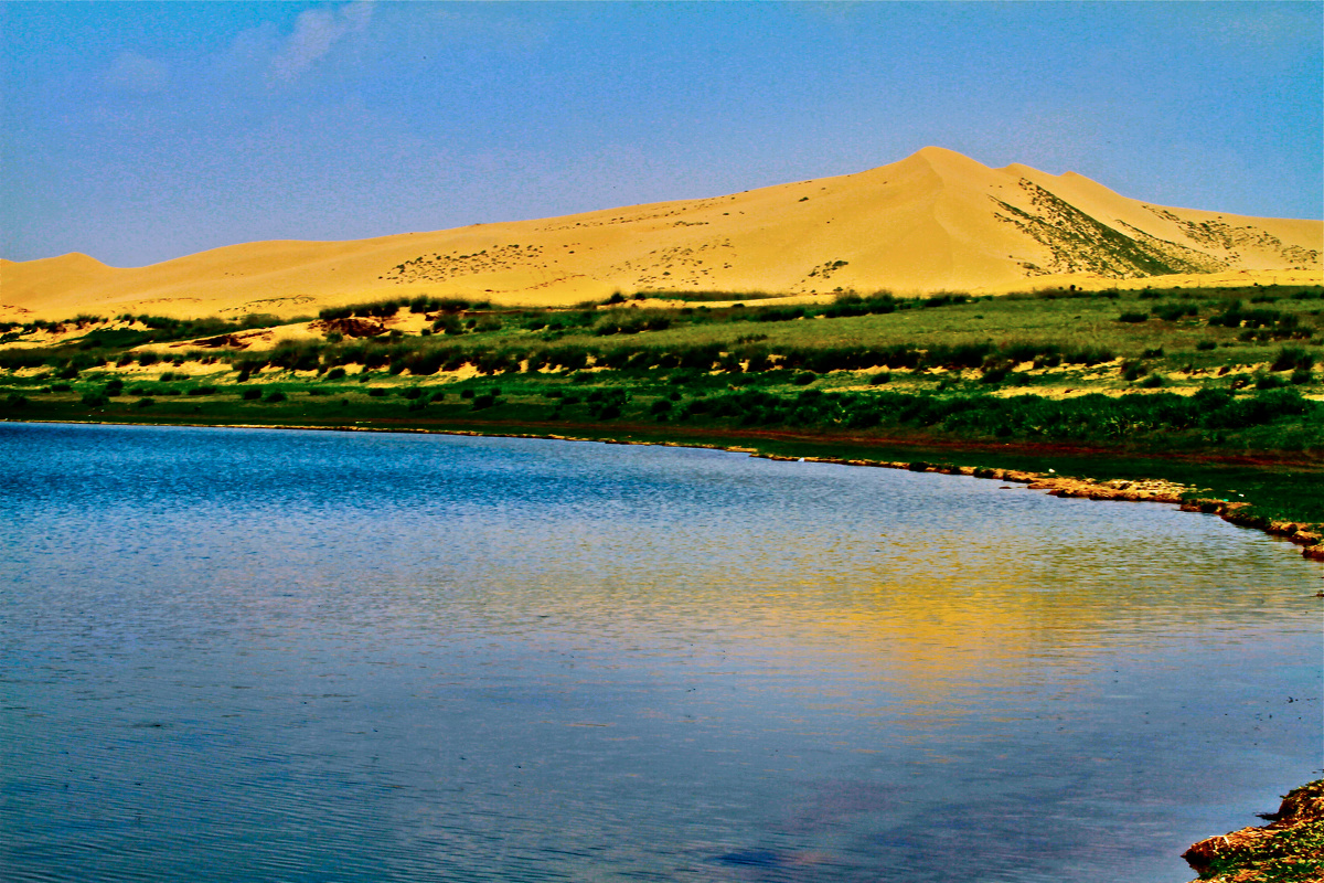 它与湖东岸连绵起伏的沙山,构成青海湖区独特的沙漠景观,与蓝天,碧水