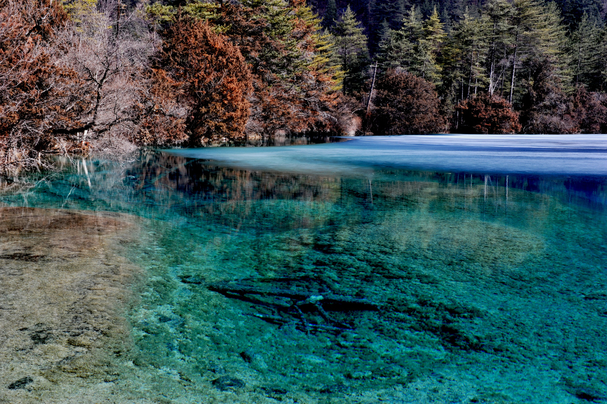 一湖之中鹅黄,黛绿,赤褐,绛红,翠碧的湖水组成