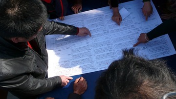 2-2010年11月10日，村民们在抽宅基地前，查看新区规划图，熟悉自己宅基地位置。