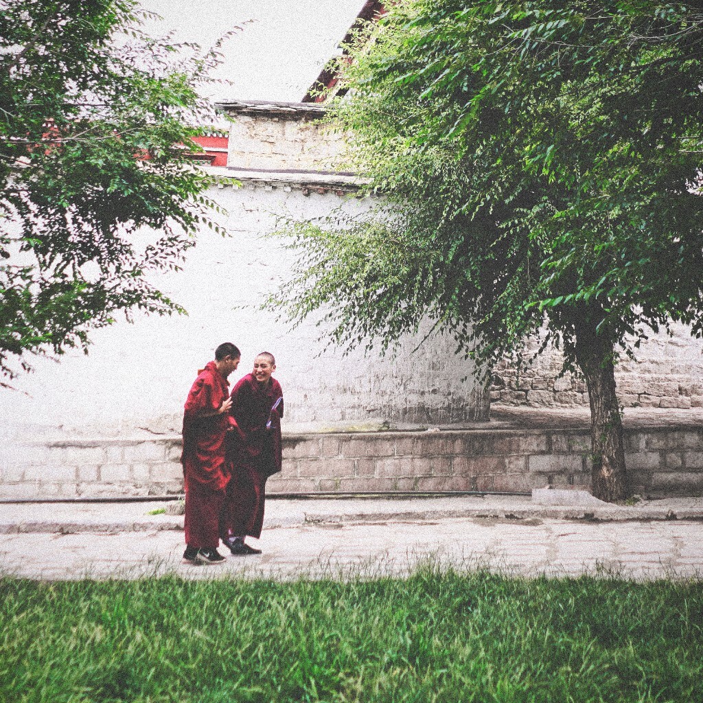 一天早晨的僧人 - 街拍, 索尼, 西藏, 胖电塔与街