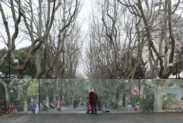 2016年1月5日，上海，一正在改造的公园大门用原大门处拍摄的实景照片做围墙，真实与虚幻中让人一瞬间恍然产生了错觉。拾城。周馨