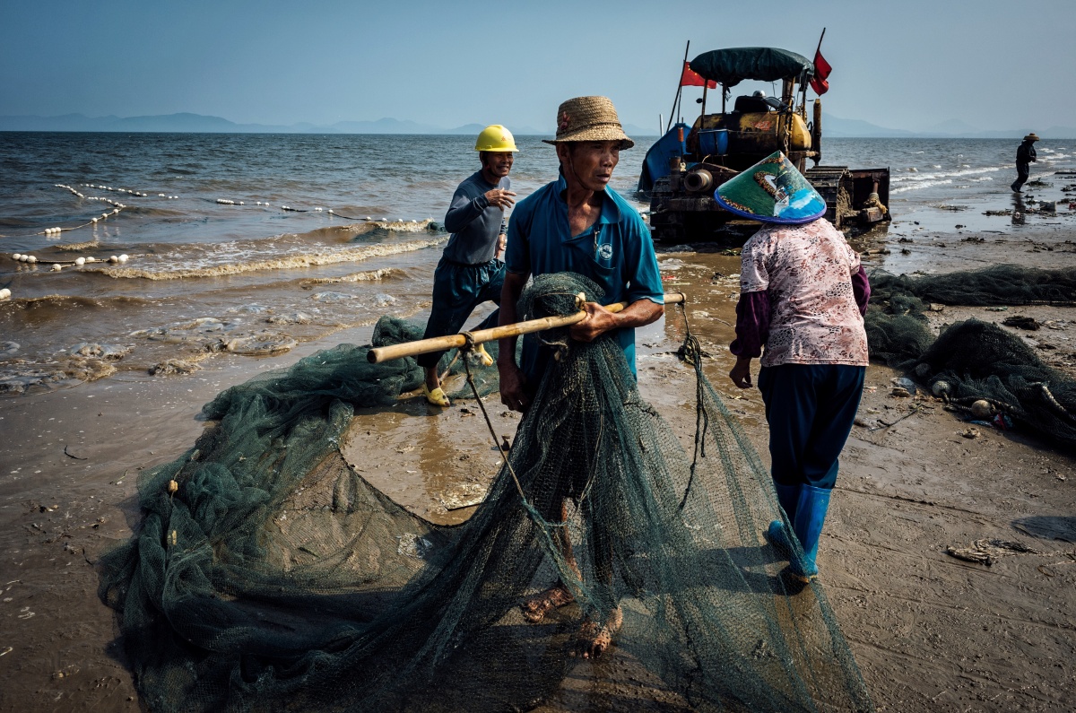 海滩上劳作的渔民