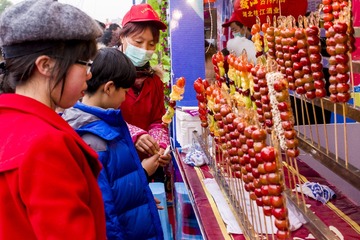 Hubei China. Mian Street Temple Fair, Candied Haws On A Stick.沔街庙会 冰糖葫芦.作者 肖祥 