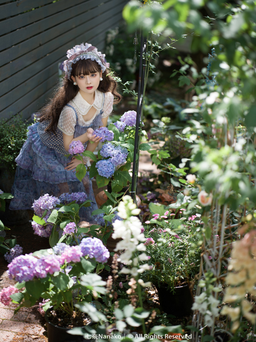 绣球花庭院中的少女