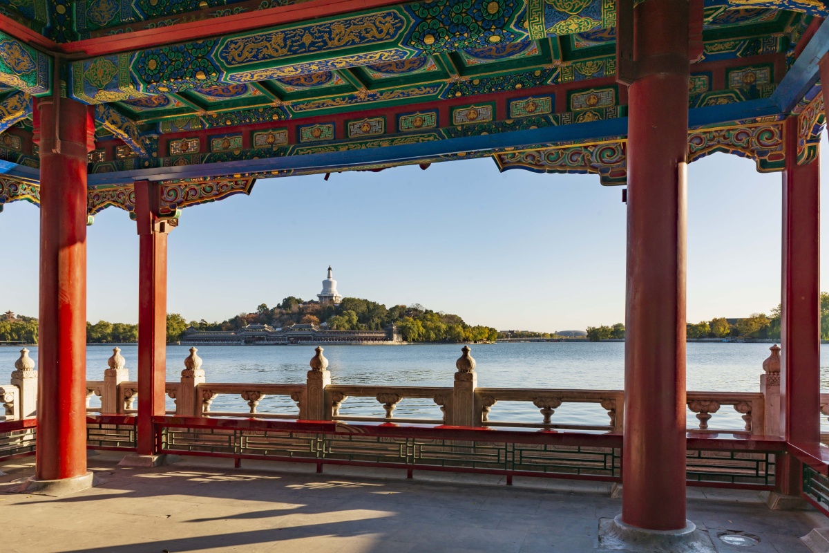 五龙亭里望琼岛摄于北京市北海公园