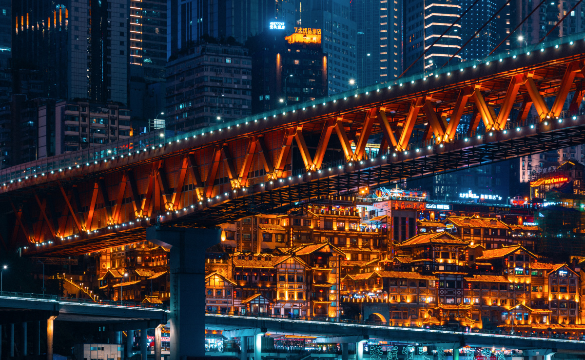 赛博渝中重庆洪崖洞千厮门长焦近景