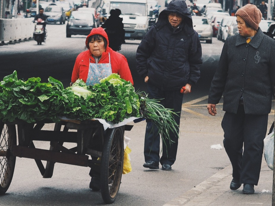 正月,人们形形色色掩抑在黑白灰冷漠的城市中,那大妈的红袄变成了唯一