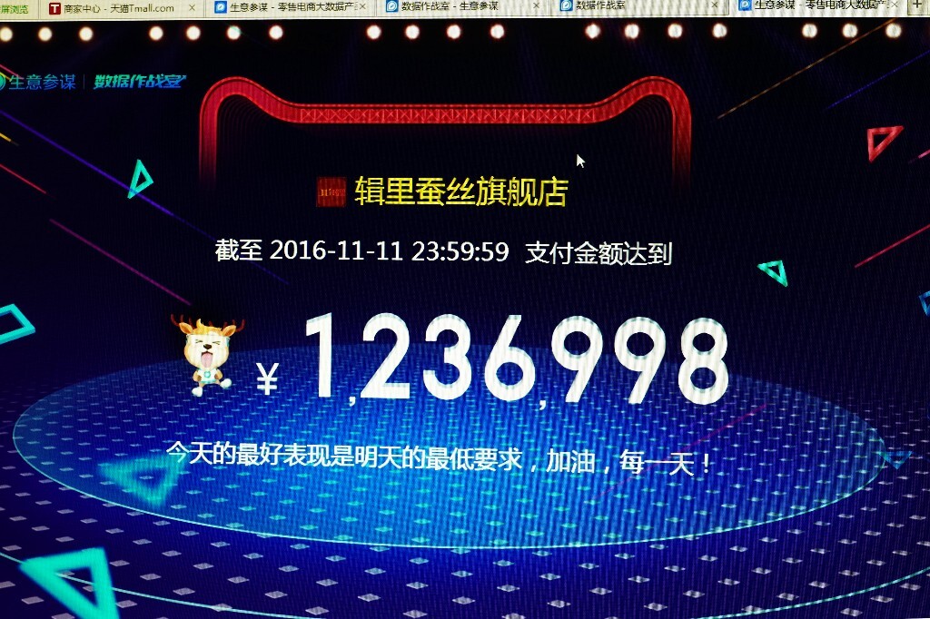 11.11.23:59:59分辑里天猫商城销售额1236998元,1800个单子,比去年高了30%,马上双12了,加油吧!!!