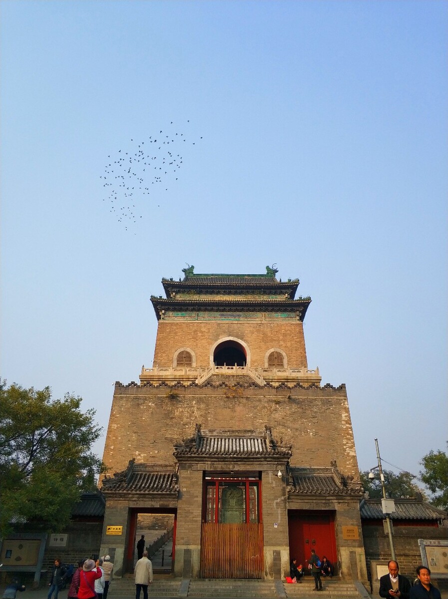 风和日丽，钟楼耸立，鸽子在天空飞翔。