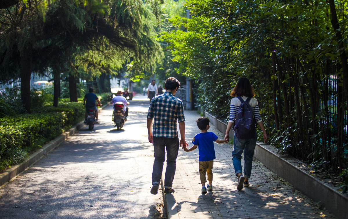 阳光温柔地洒在林荫道上,父母牵着年幼的孩子,一家人其乐融融.