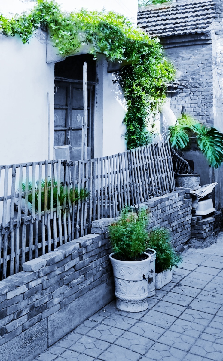 济南小街巷墙院的角落休闲时光