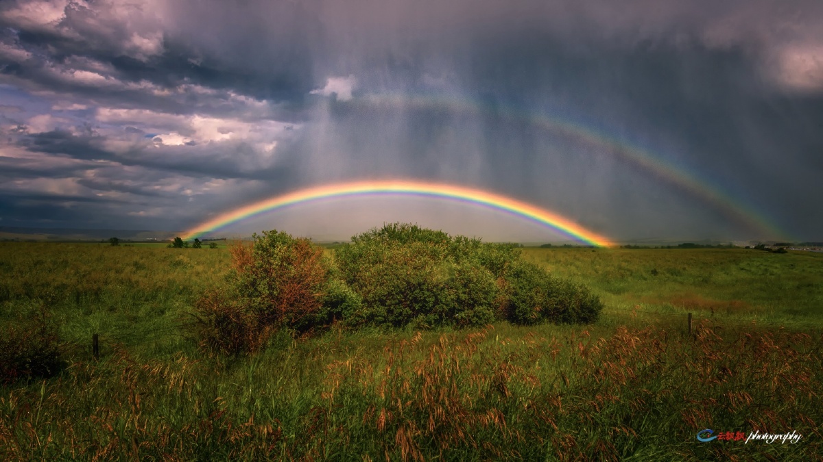 雾雨当空飞彩虹赤橙黄绿青蓝紫谁持彩练当空舞绿色田野别样情