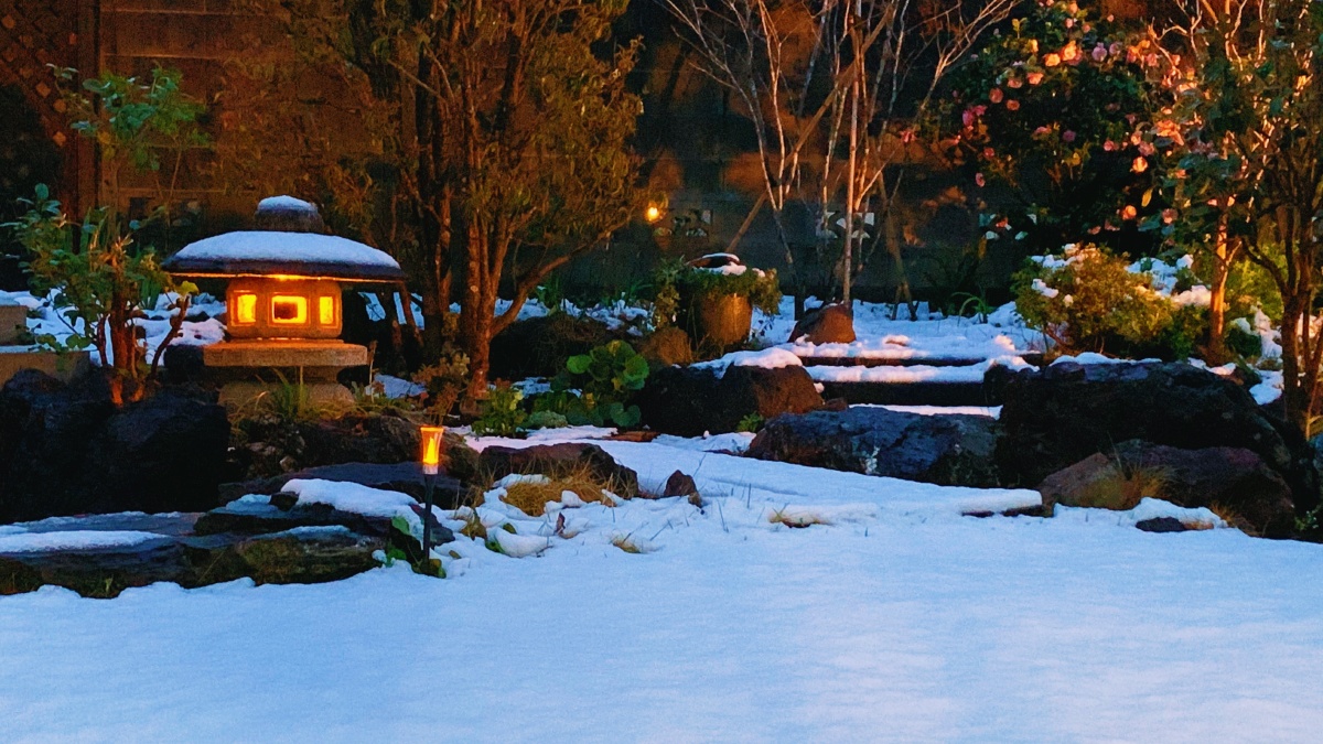 雪后院落雪见灯 