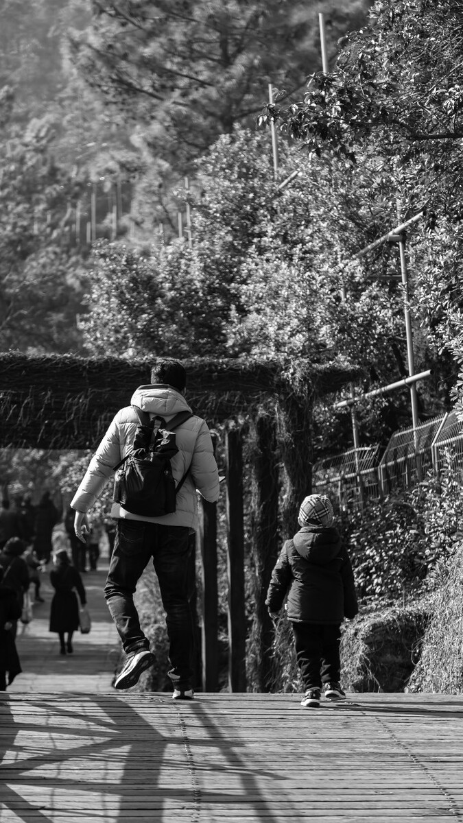 2021.02.04 苏州 树山木栈道拍摄。树山木栈道路上父子背影同框,父亲带着孩子爬山徒步,从小就好好陪伴。