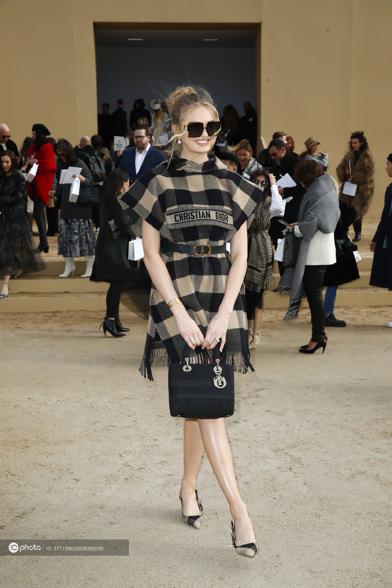 街拍罗梅埃利斯格纹连衣裙猫跟鞋ladydior手提包助阵dior专场秀