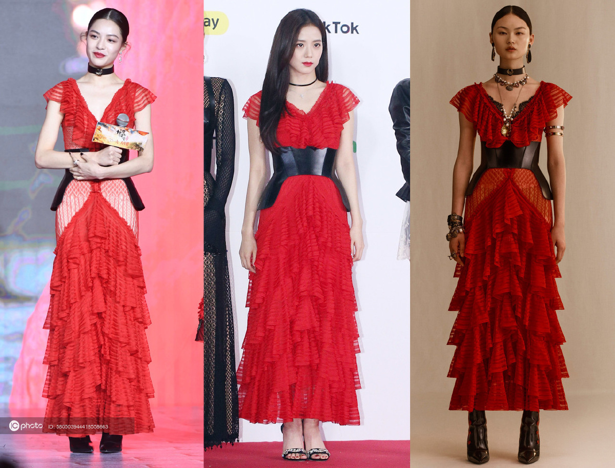 钟楚曦撞衫blackpink成员jisooalexandermcqueen红色礼服冶艳性感