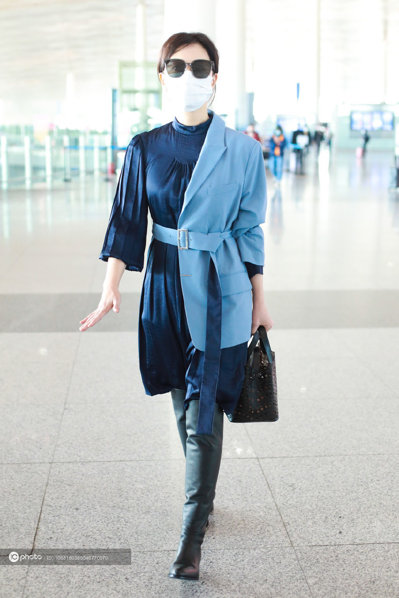 街拍陈数拼接西装长靴别致优雅