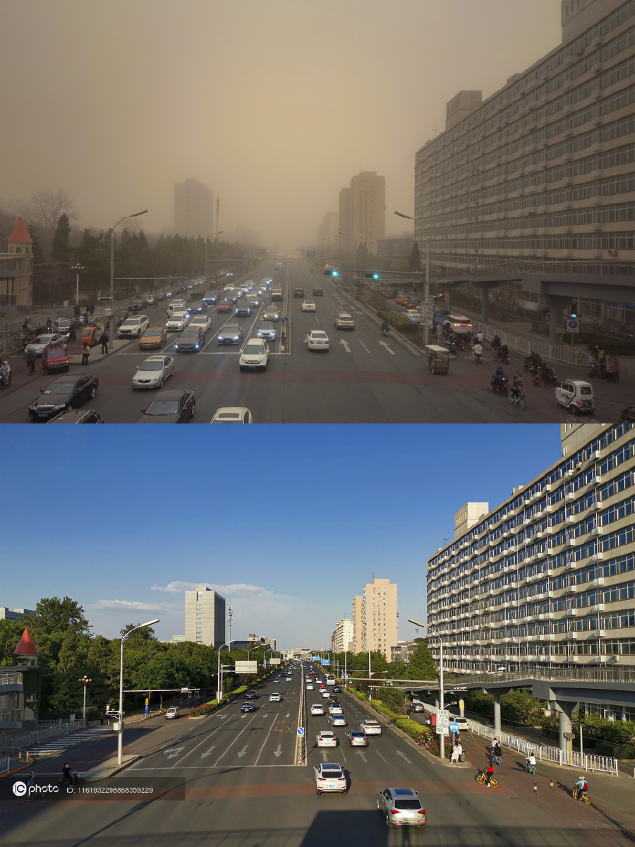 北京沙尘天气中官园桥附近与之前天气晴朗时对比图