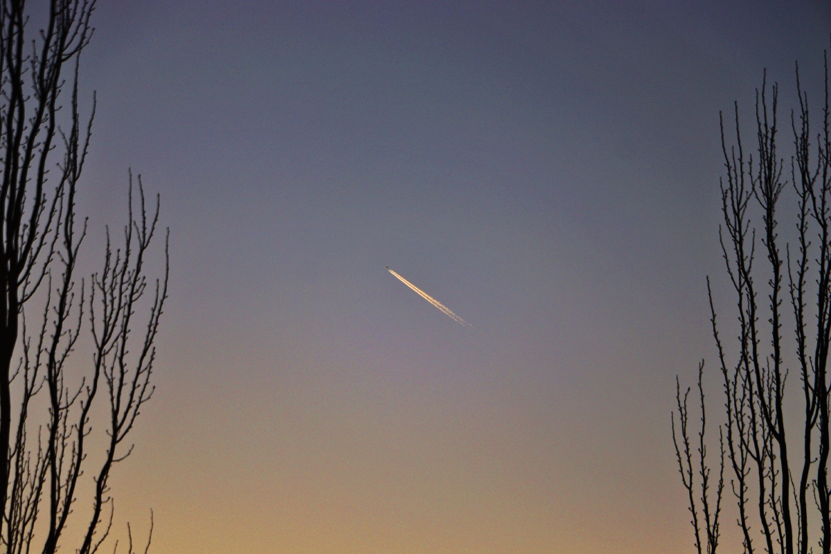 白昼流星一架国际航班迎着夕阳向北京前进