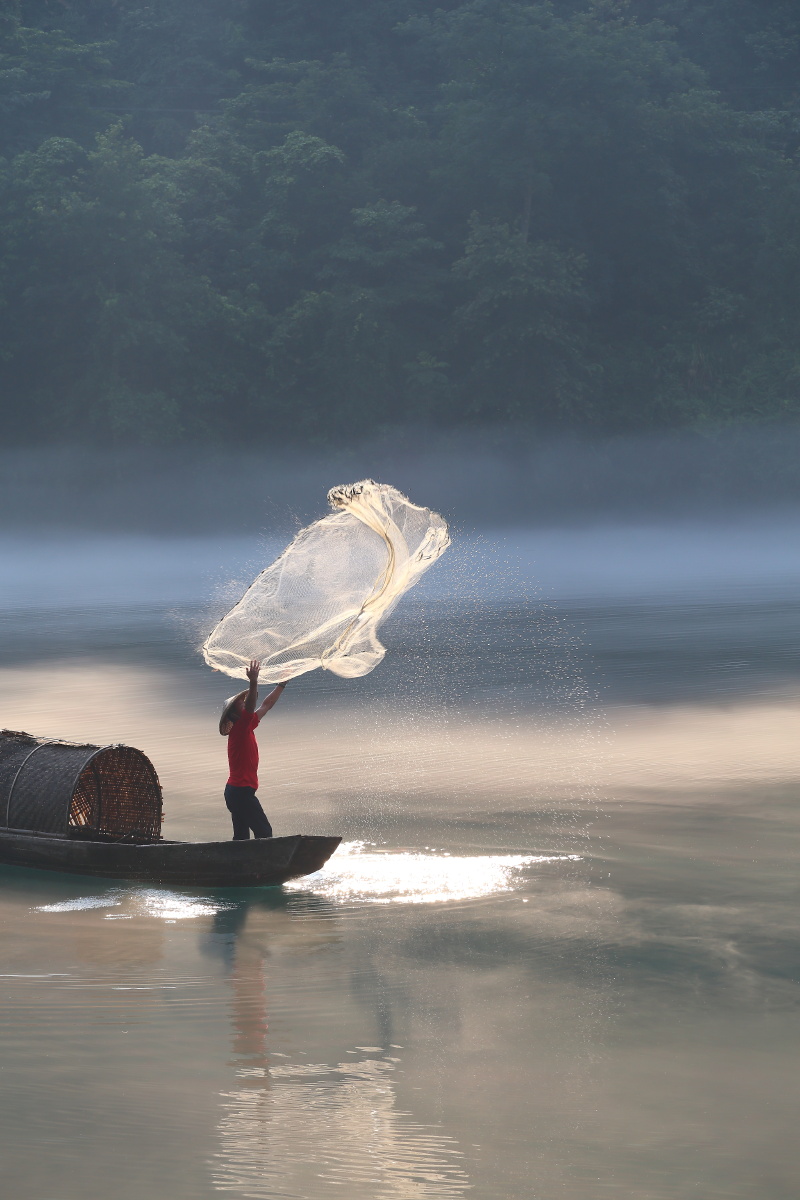 小东江阳光下的撒网