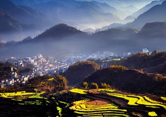 《雾锁小山村》    拍摄时间：2017年3月27日   拍摄地点：浙江家朋    描述：清晨，起雾了，笼罩着整个小山村，太阳穿过云雾照射在油菜花的梯田上....