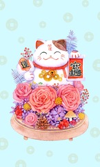 彩色底招财猫