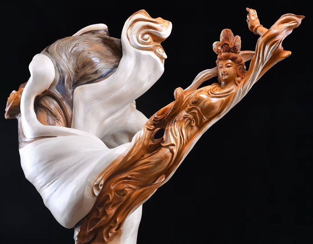 飞天仙女太行崖柏双色旋转料精美纹路动态一流大师工艺手工打造工艺