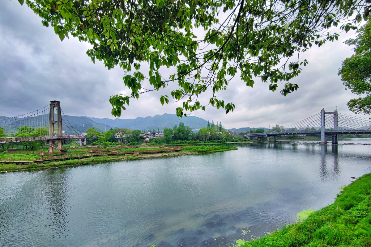 烟雨江滨双桥景